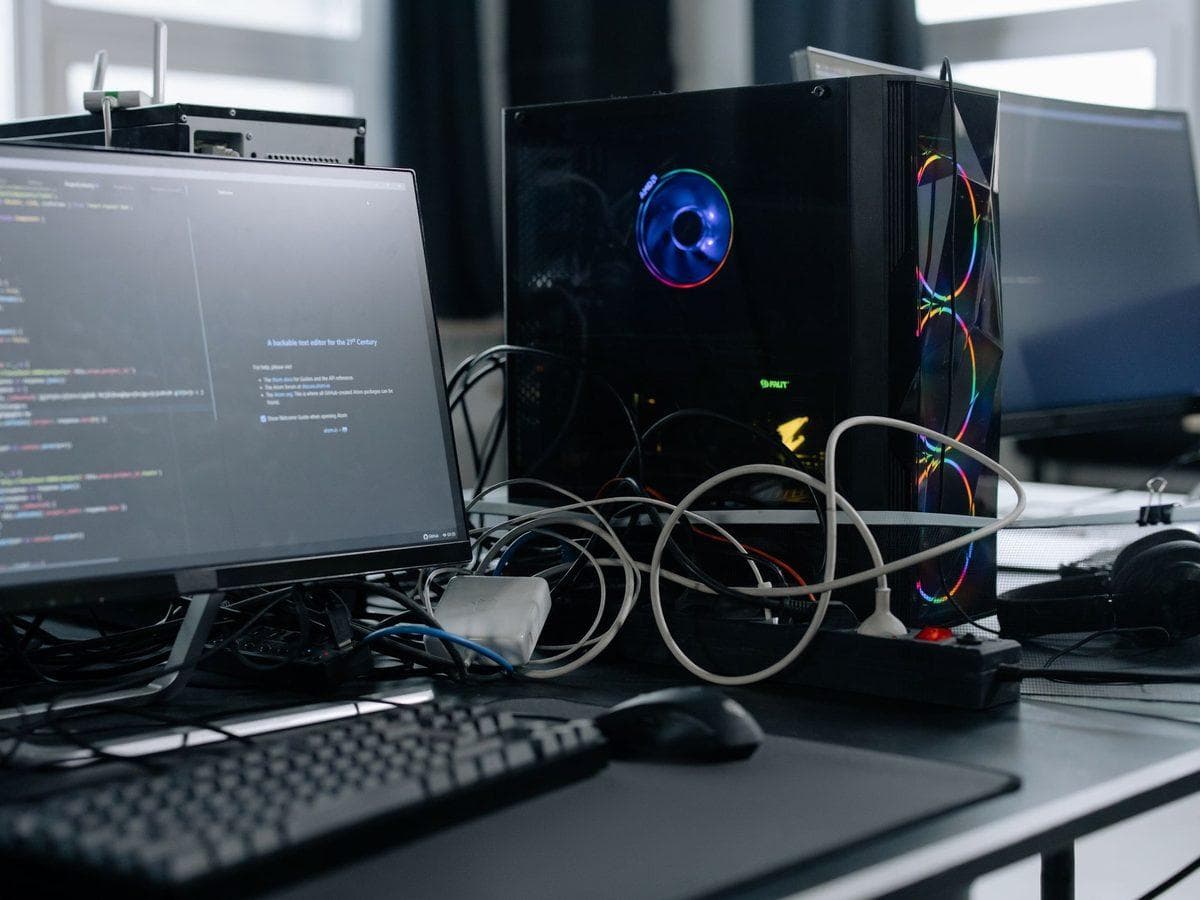 Technischer Arbeitsplatz mit Code und Hardware